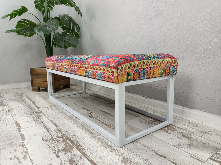 Ottoman Upholstered with Printed Rug Handmade Bench, Farmhouse Bench, Dressing room bench, Window seat, Wooden Leg Bench, Oriental Leg Walnut Footstool Bench,