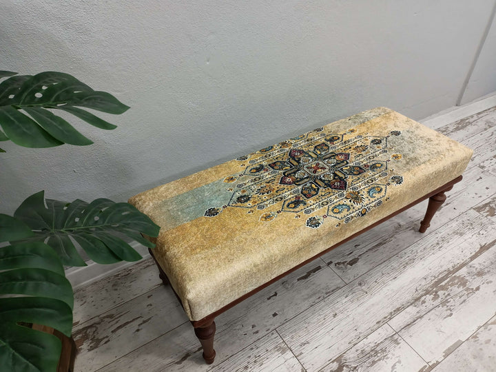 Ottoman Bench With Easy Maintenance Upholstered, Home Bench, High Back and Walnut Wood Bench, Reading Lounge Bench