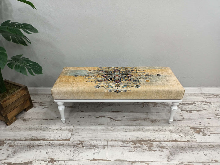 Designer Upholstered Ottoman Bench, Fabric Upholstered Single Sofa, Velvet Upholstered Bench, Yellow Color Sitting Bench, White Leg Bench, Eraseble Bench