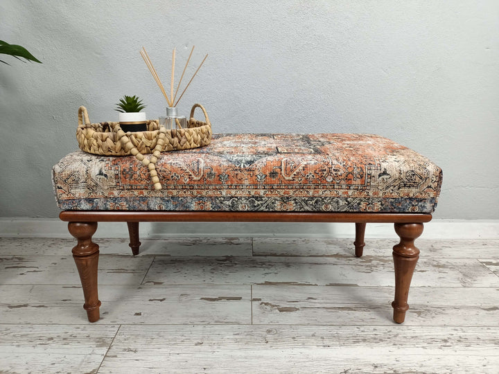 Turkish Kilim Pattern Ottoman Bench with Storage, Cushioned Footstool Bench, Bedroom Relax Sitting Comfortable Bench, Comfortable Sitting Bench