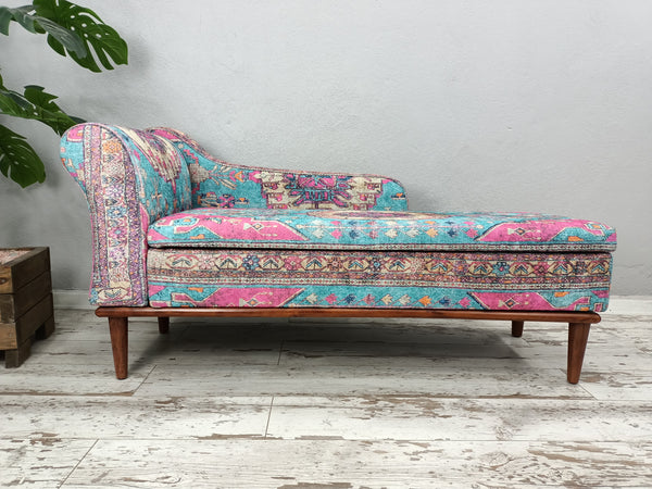 Ottoman Upholstered with Printed Rug Handmade Bench, Farmhouse Bench, Dressing room bench, Window seat, Wooden Leg Bench, Oriental Leg Walnut Footstool Bench