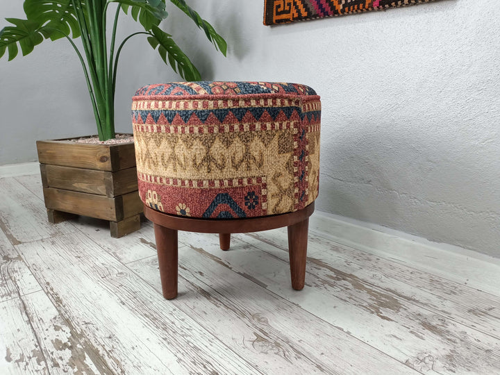 Easy To Clean Upholstered Bench, Anatolian Upholstered Wooden Footstool Bench, Nomadic Pattern Footstool Bench