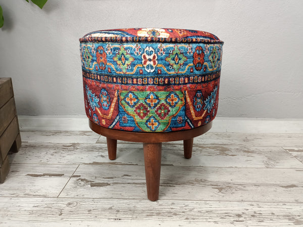 Brown And Blue Fabric Upholstered Round Bench