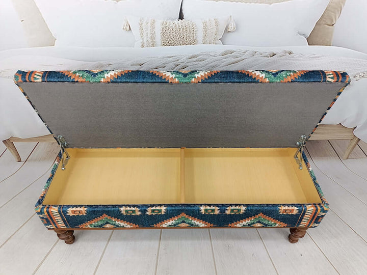 Handmade Turkish Ottoman Bench with Storage, Sitting Bench, Wooden Rocking Bench With Oriental Legs Wooden Bench Soft Fabric Upholstery, Conical Leg Upholstered Bench