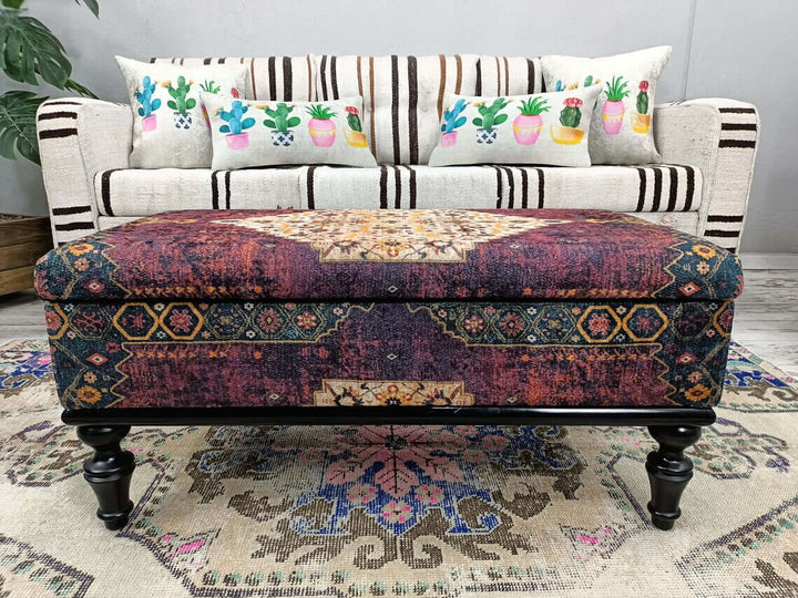 Oriental Printed Fabric Upholstered Ottoman Bench, Velvet Bench Cover Elastic Dining Room Bench, Piano Room Comfortable Footstool Bench