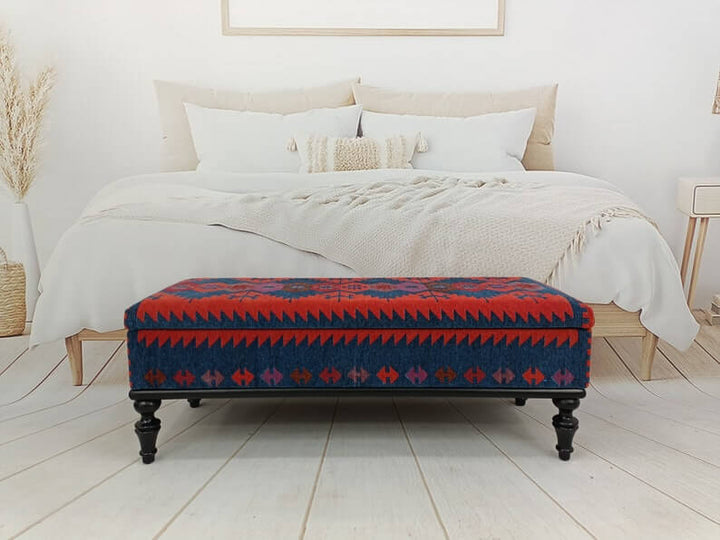 Stylish Bohemian Pattern Upholstered Bench, Decorative Bench, Practical Upholstered Bench, Turkish Kilim Pattern Ottoman Bench with Oriental Leg