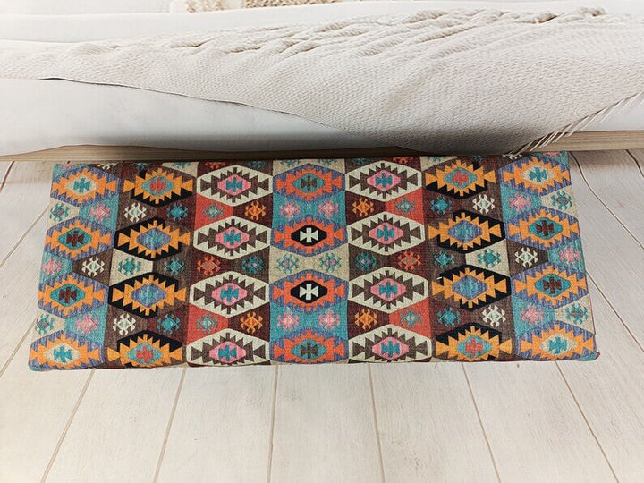 Oriental Printed Fabric Upholstered Ottoman Bench, Dressing Table Set Bench Ottoman Upholstered with Printed Rug Handmade Bench