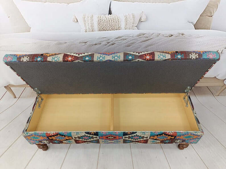 Close-up of Bohemian Pattern Bench Seat, Rectangular Ottoman Bench, Modern Upholstered Bench in Bedroom, Stylish Bohemian Pattern Upholstered Bench