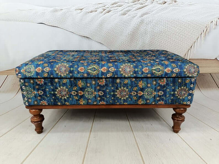 Ottoman Bench With Easy Maintenance Upholstered, Detailed View Of Upholstered Bench Cushion, Oriental Legs Natural Wooden Decorative Bench