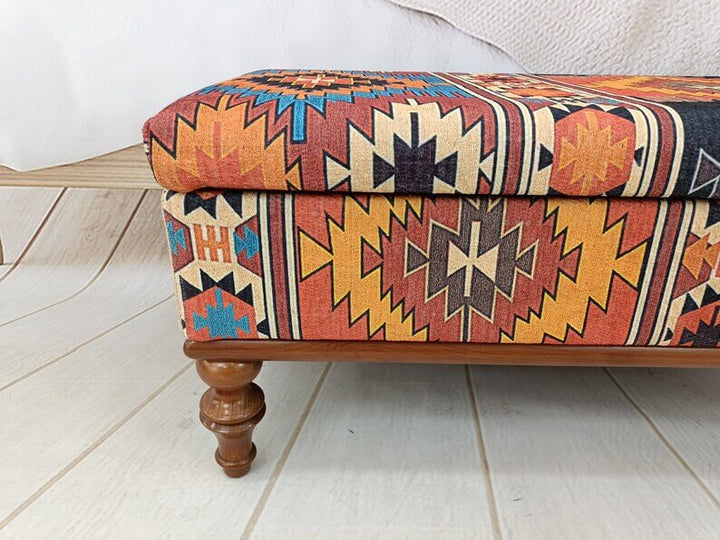 Sofa Tea Seat Padded Stool Bench, Solid Wood Ottoman Stool Bench, Oriental Leg Stool,Turkish Kilim Pattern Ottoman Bench with Storage