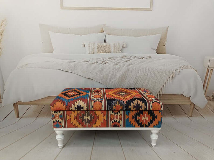 Footstool Bench With Soft Fabric Upholstery, Woodworker Large Size Printed Bench, Close-up of Bohemian Pattern Bench Seat
