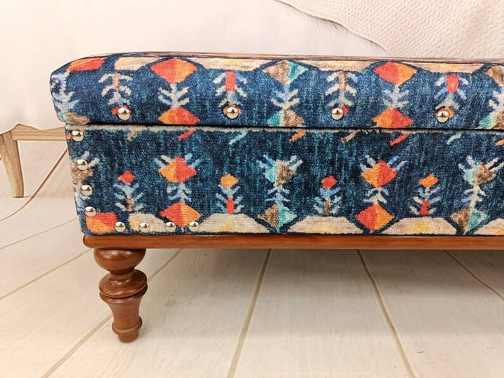 Anatolian Upholstered Wooden Footstool Bench, Nomadic Pattern Footstool Bench, Rustic Bench, Traditional Comfort Bench, Oriental Wooden Leg Bench