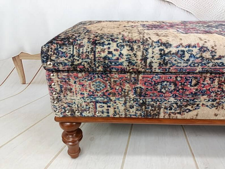 Oriental Printed Fabric Upholstered Ottoman Bench, Dressing Table Set Bench Ottoman Upholstered with Printed Rug Handmade Bench, Farmhouse Bench