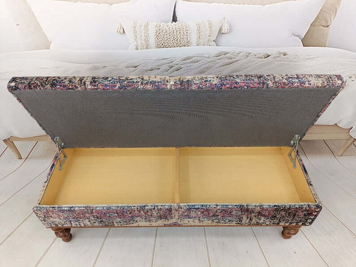 Designer Upholstered Ottoman Bench, Oriental Leg Walnut Footstool Bench, Comfortable Sitting Bench, Wooden Rocking Bench With Oriental Legs