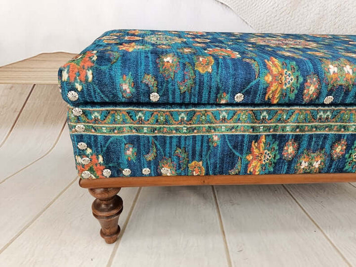 Nomadic Pattern Footstool Bench, Rustic Bench, Traditional Comfort Bench, Oriental Wooden Leg Bench, Modern Stool Bench Ottoman for Living Room Entryway