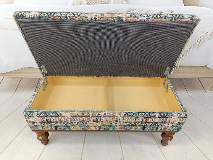 Bedroom Ottoman Wooden Bench, Upholstered with Turkish Patchwork Bench, Stylish Ottoman Small Footstool Shoe Changing Bench