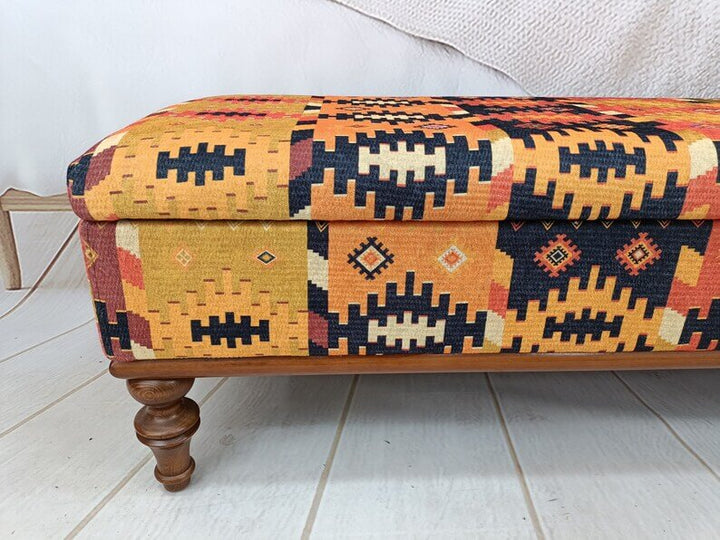 Upholstered with Printed Rug Handmade Bench, Farmhouse Bench, Dressing room bench, Window seat, Wooden Leg Bench, Oriental Leg Walnut Footstool Bench