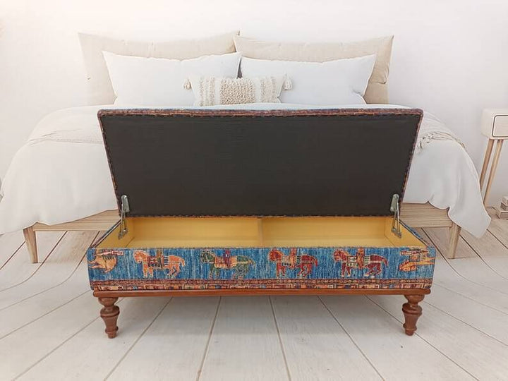 Wood Work Handmade Bench, Vintage Pattern Upholstered Bench, Modern Upholstered Bench in Bedroom, High Quality Wooden And Upholstered Bench