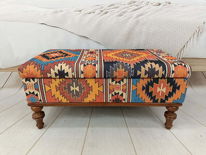  Accent Table, Aztec Bench, Footstool Ottoman, Vanity Stool, Farmhouse Bench, Foot Stool, Wooden Leg Ottoman Bench with Small Stand
