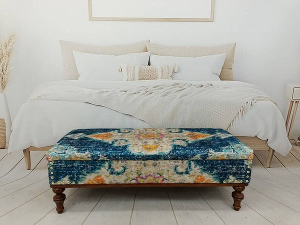 Storage Side Table Ottoman Bench, Modern Upholstered Bench in Bedroom, Stylish Bohemian Pattern Upholstered Bench, High Quality Wooden And Upholstered Bench