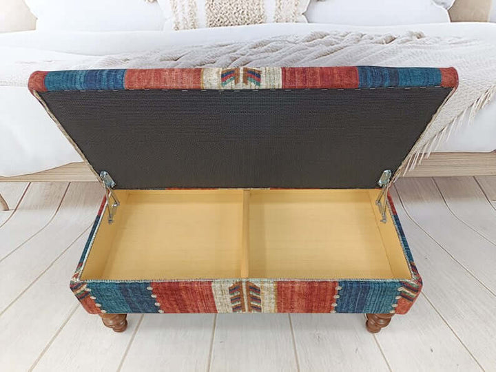 Upholstered Storage Chest Ottoman Bench, Anatolian Kilim Looking Bench, Storage Pratical Bench, Accent Size Footstool Bench