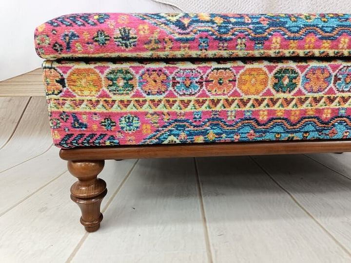 Reading Lounge Bench, Solid Wood High Back Bench Modern Accent Bench, Eco Friendly Bench, Pet Friendly Upholstered Bench, Oriental Printed Fabric Upholstered Ottoman Bench