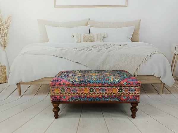 Ottoman Bedroom Organizer Storage Bench, Woodworker Large Size Printed Bench, Close-up of Bohemian Pattern Armchair Seat, Rectangular Ottoman Bench, 