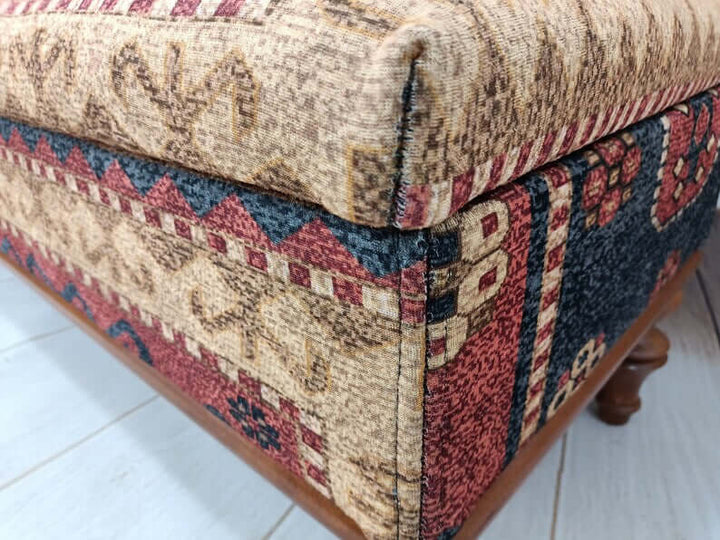 Fabric Upholstered Single Sofa, Bench with Arms, Durable Wood Leg Bench, Easy To Clean Upholstered Bench, Kilim Pattern Dining Room Ottoman Bench