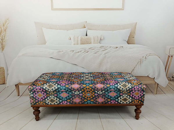 Multicolor Boho Ottoman Bench with Storage, Anatolian Upholstered Wooden Footstool Bench, Ottoman Kilim Fabric Print Upholstered Bench