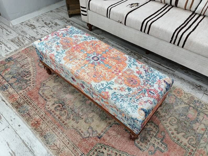 Bench With Soft Fabric Upholstery, Woodworker Large Size Printed Bench, Close-up of Bohemian Pattern Footstool Bench