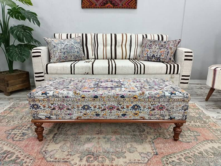 Upholstered Ottoman, Trunk Coffee Table, Lounge Bench, Living Room Bench, Detailed View Of Upholstered Bench Cushion, Oriental Legs Natural Wooden Decorative Bench