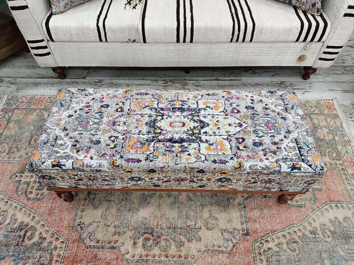 Eco Friendly Bench, Pet Friendly Upholstered Bench, Oriental Printed Fabric Upholstered Ottoman Bench, Fabric Upholstered Single Sofa Bench