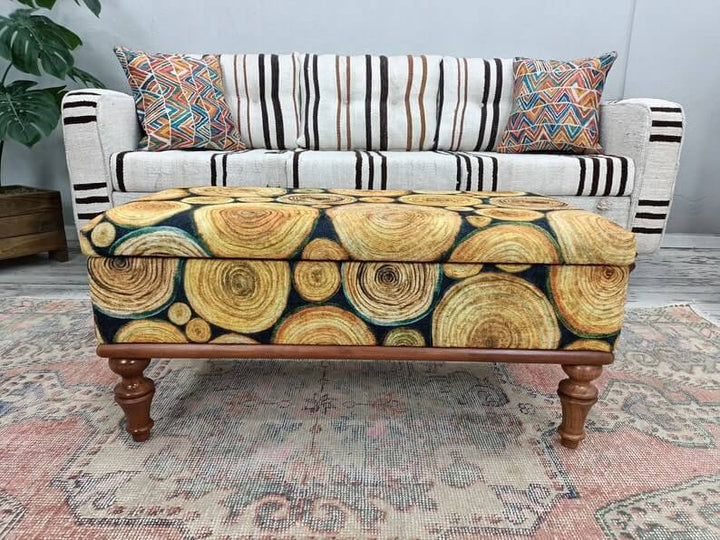 Aztec Entryway Handmade Bench, Oriental Printed Fabric Upholstered Ottoman Bench, Dressing Table Set Bench Ottoman Upholstered 