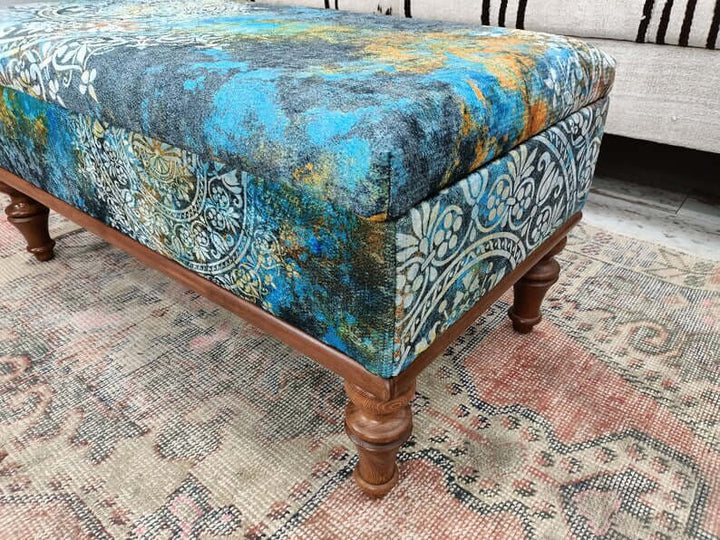 Square Ottoman Bench, Bedroom Ottoman Wooden Bench, Upholstered with Turkish Patchwork Bench, Stylish Ottoman Small Footstool Shoe Changing Bench