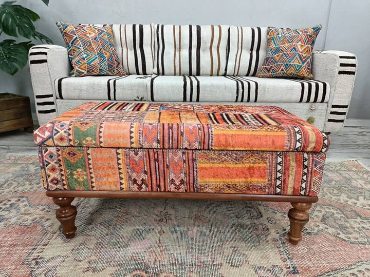 Small Ottoman Footstool with Legs, Modern Stool Bench Ottoman for Living Room Entryway, Aztec Entryway Handmade Bench, Oriental Printed Fabric Upholstered Ottoman Bench