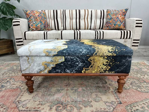 Marble Upholstered Ottoman Bench with Chest, Cocktail Ottoman Bench, Bench with Arms, Durable Wood Leg Bench, Easy To Clean Upholstered Bench