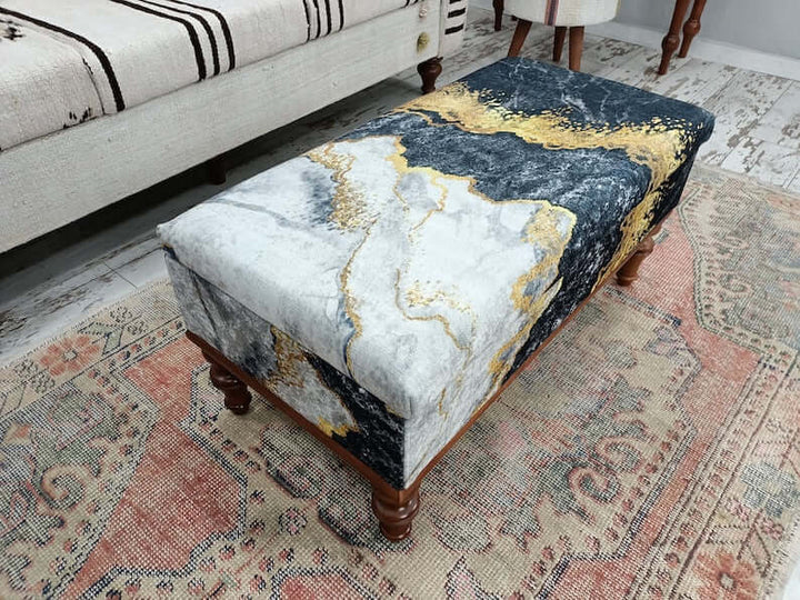 Stylish Bohemian Pattern Upholstered Bench, High Quality Wooden And Upholstered Bench, Bench with Printed Fabric, Natural Ottoman Bench
