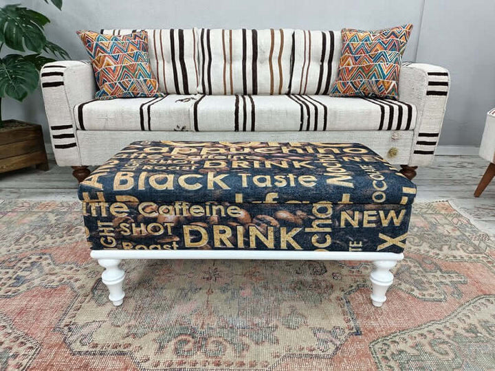 Quality Wooden And Upholstered Bench, Bench with Printed Fabric, Natural Ottoman Bench With Classic Legs, Upholstered Ottoman Bench