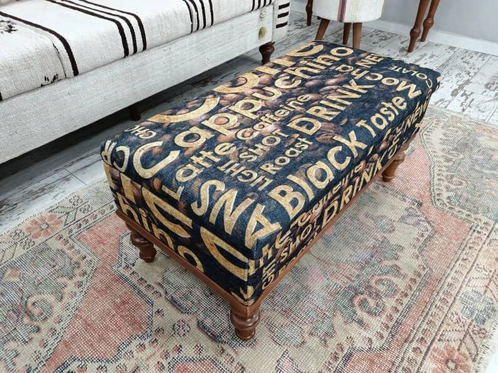 Vintage Pattern Upholstered Bench, Conical Leg Upholstered Bench, Close-up of Bohemian Pattern Bench Seat, Rectangular Ottoman Bench
