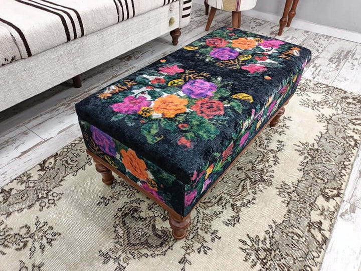 Turkish Kilim Pattern Ottoman Bench, Bench, Dressing Table Set Bench, New House Decorative Bench, Practical Upholstered Footstool Bench