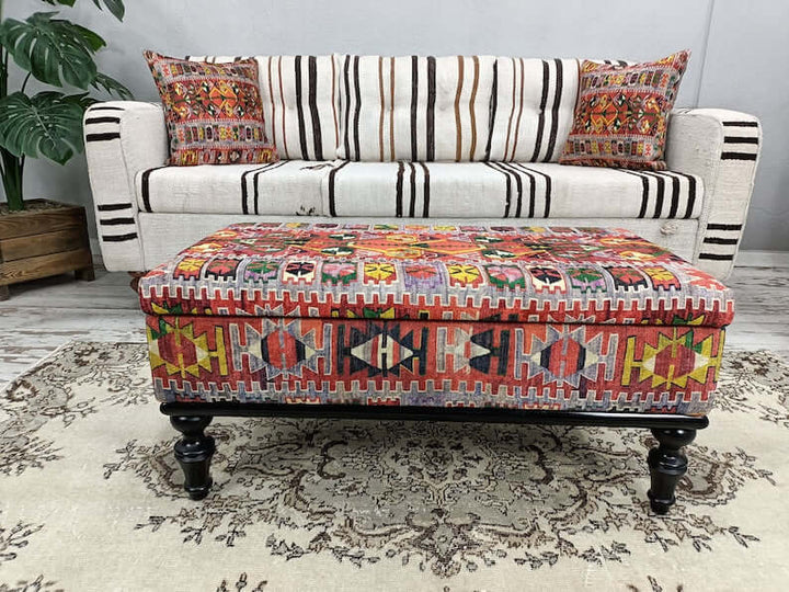 Close-up of Bohemian Pattern Bench Seat, Rectangular Ottoman Bench, Detailed View Of Upholstered Bench Cushion, Mid Century Modern Upholstered Fabric Rocking Bench
