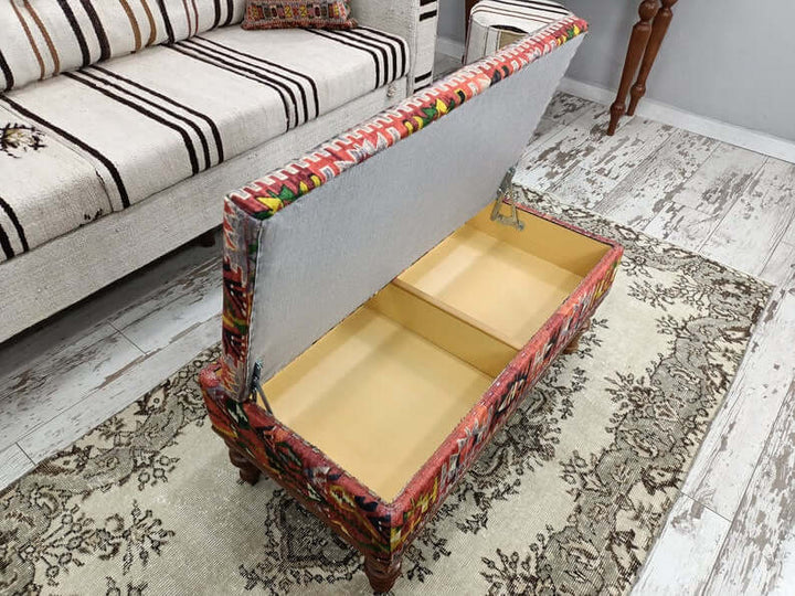 Modern Upholstered Bench in Bedroom, Stylish Bohemian Pattern Upholstered Bench, High Quality Wooden And Upholstered Bench, Bench with Printed Fabric