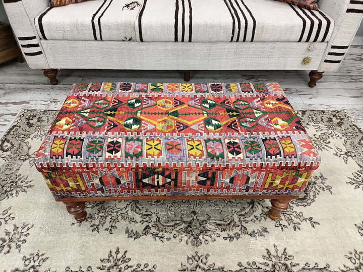 Special Painting Fabric Upholstered Bench, Storage Pratical Footstool Bench, Conical Leg Upholstered Bench, Large Size Printed Bench