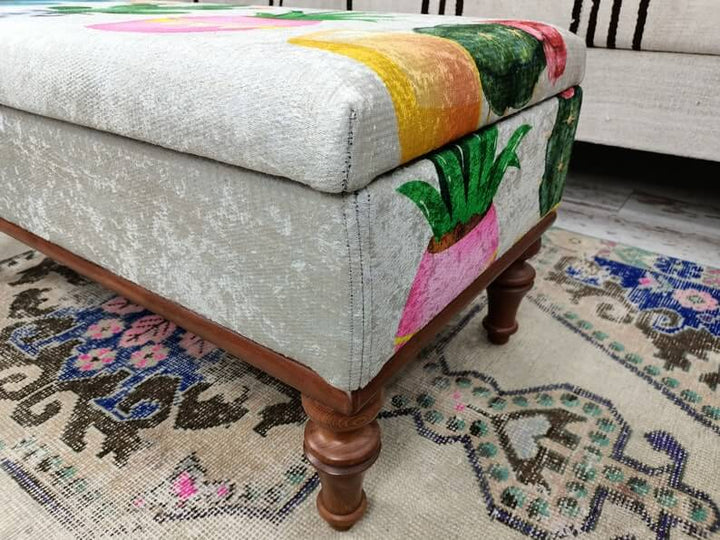 Dressing Table Set Bench Ottoman Upholstered with Printed Rug Handmade Bench, Farmhouse Bench, Dressing room bench, Movie To Watch Comfort Bench