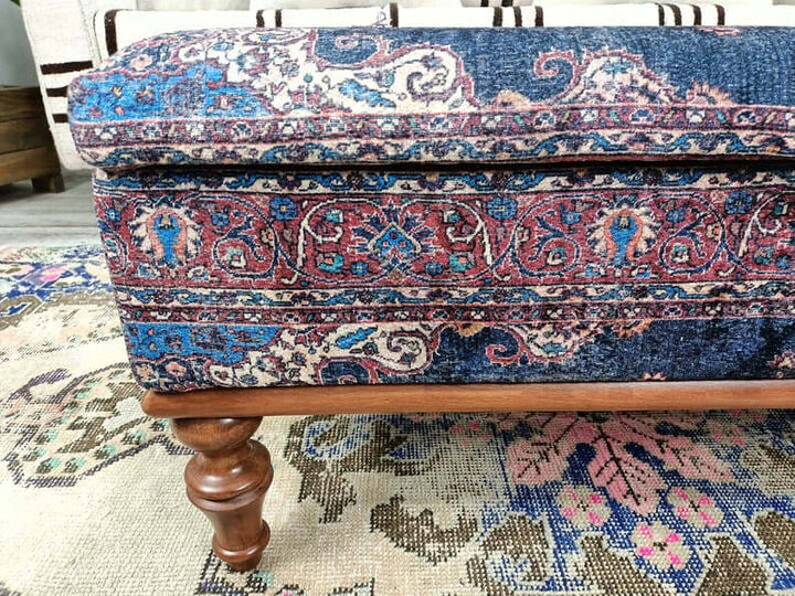 Oriental Brown Leg Footstool Bench, Wooden Natural Velvet Fabric Upholstered Bench, Retro Looking Fabric Bench, Oushak Pattern Step Stool Bench