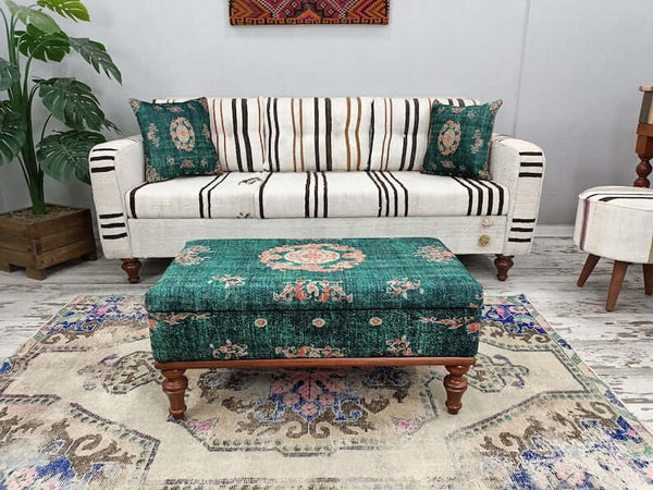 Green Piano Ottoman Bench with Storage, Stylish Bohemian Pattern Upholstered Bench, High Quality Wooden And Upholstered Bench, Bench with Printed Fabric