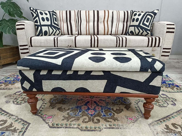 Funky Ottoman Bench with Storage, Small Ottoman Footstool with Legs, Modern Stool Bench Ottoman for Living Room Entryway, Aztec Entryway Handmade Bench