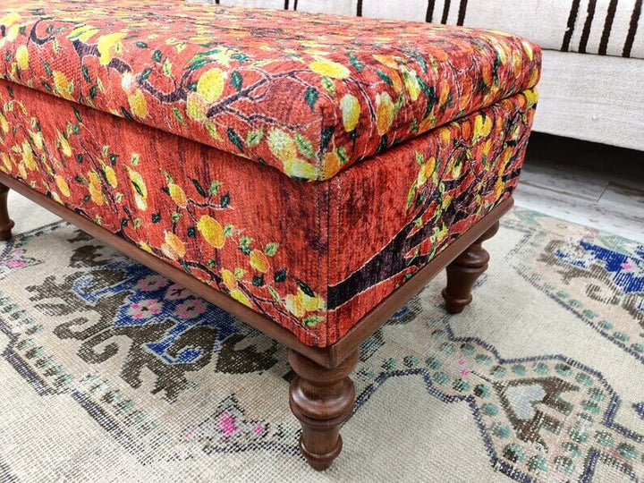 Oriental Leg Walnut Footstool Bench Elegant Decor Bench With Brown Legs, Vintage Pattern Upholstered Bench, Modern Upholstered Bench in Bedroom