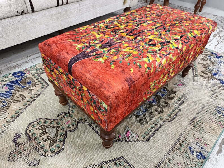 Bench With Soft Fabric Upholstery, Woodworker Large Size Printed Bench, Close-up of Bohemian Pattern Bench Seat, Rectangular Ottoman Bench