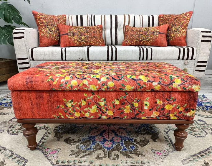 Mid-century Bench, Upholstered Ottoman Bench, High Quality Wooden And Upholstered Bench, Dining Room Velvet Bench, Vintage Pattern Upholstered Bench